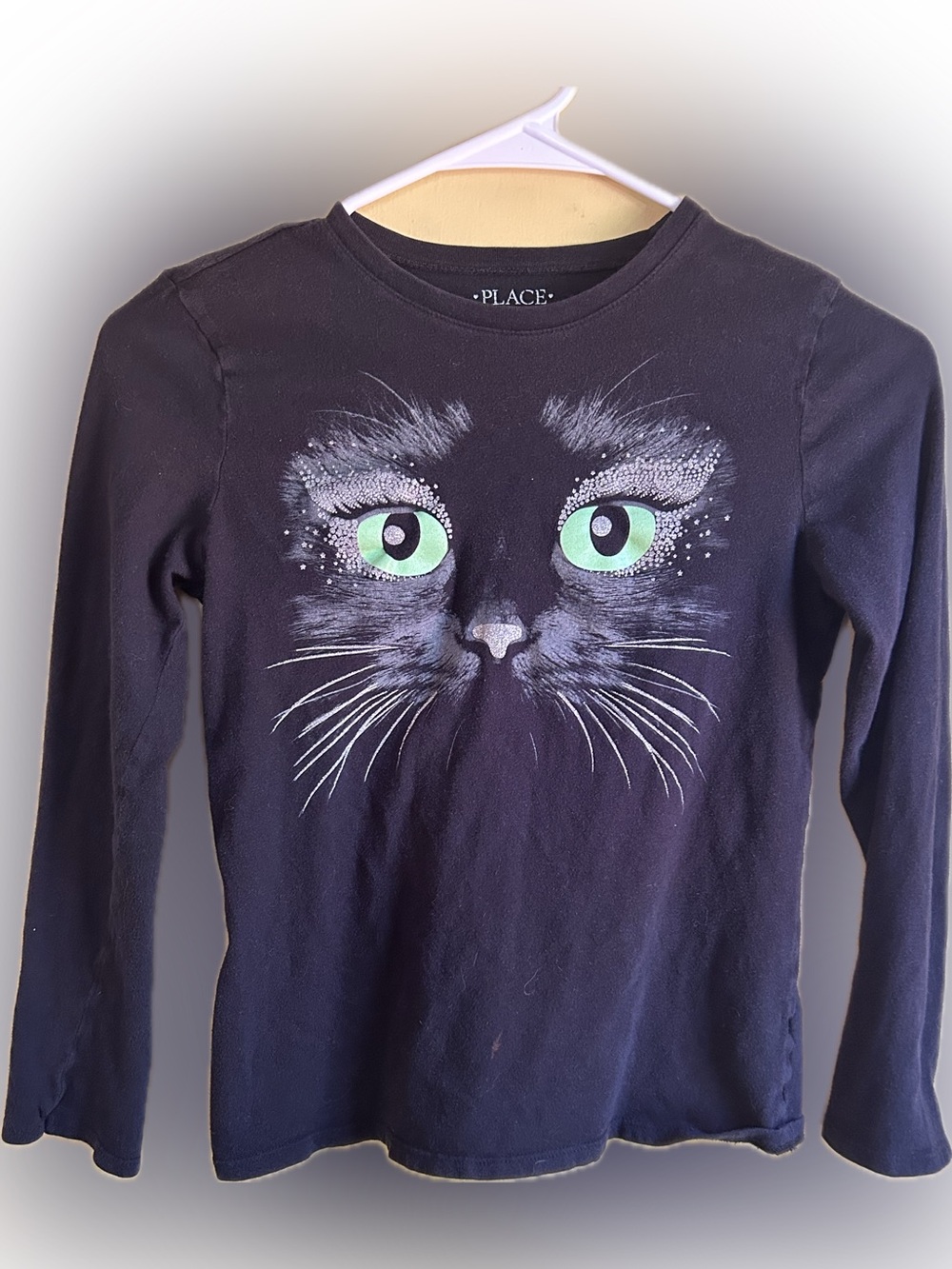 The Children's Place Black Tee with Green-Eyed Cat Graphic